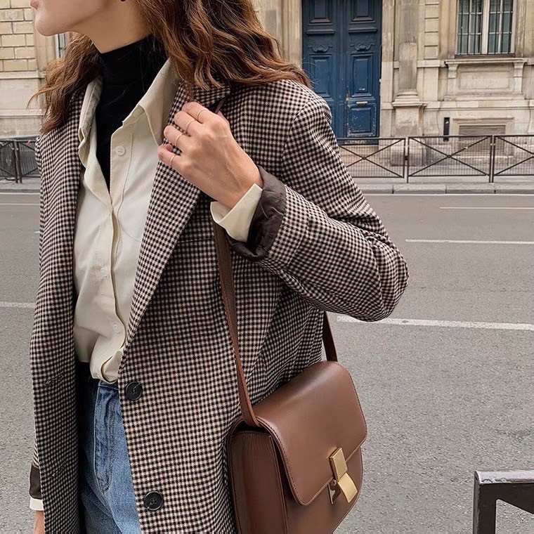 [XẢ HÀNG + Freeship] Áo blazer nữ Dunastyle kẻ nâu tây, form dáng chuẩn, chất liệu dày dặn, thích hợp mặc đi làm, đi chơi cho mùa thu và mùa đông