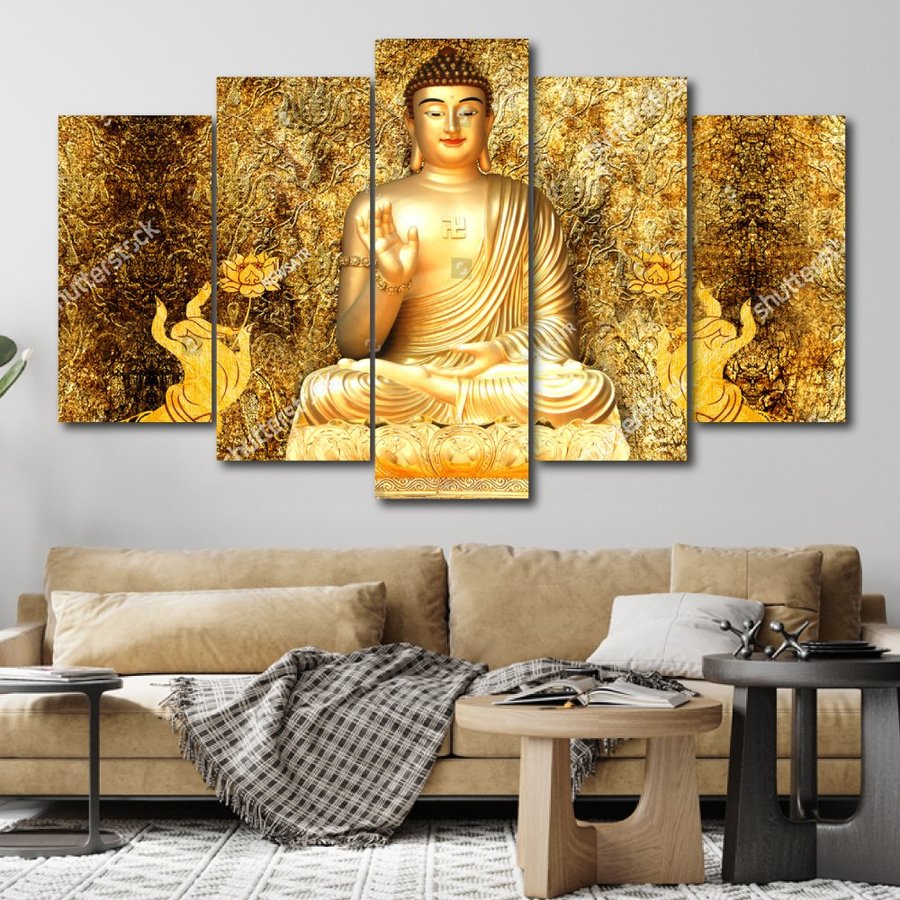 Tranh Gỗ Cao Cấp - Tranh Treo Tường Phật Giáo - Đức Phật 7 - Tặng Đinh Đa Năng Không Khoan Tường (Bộ 5 tấm)