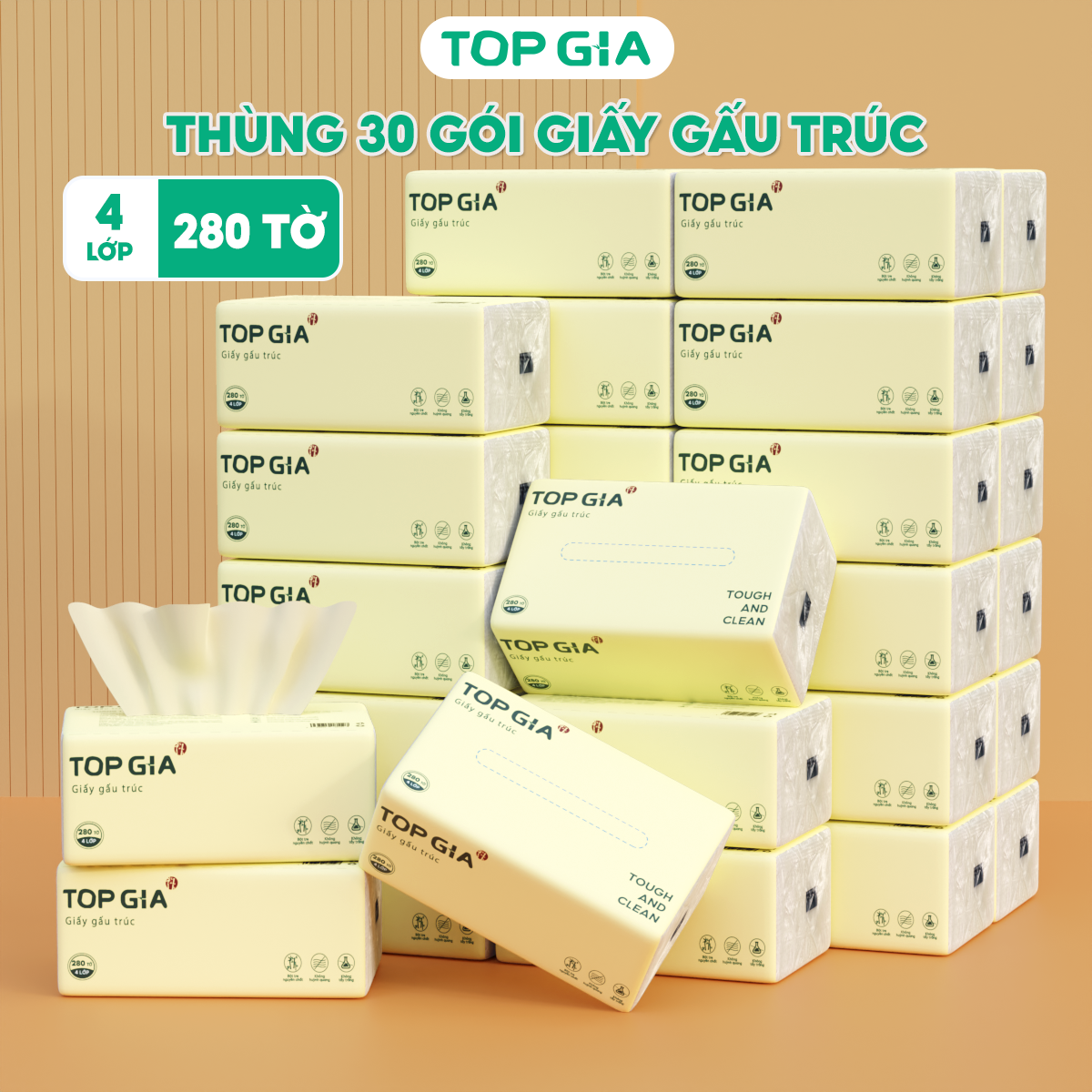  Giấy ăn gấu trúc Top Gia thùng 30 gói khăn giấy rút bột tre không chất tẩy trắng an toàn tiện lợi 