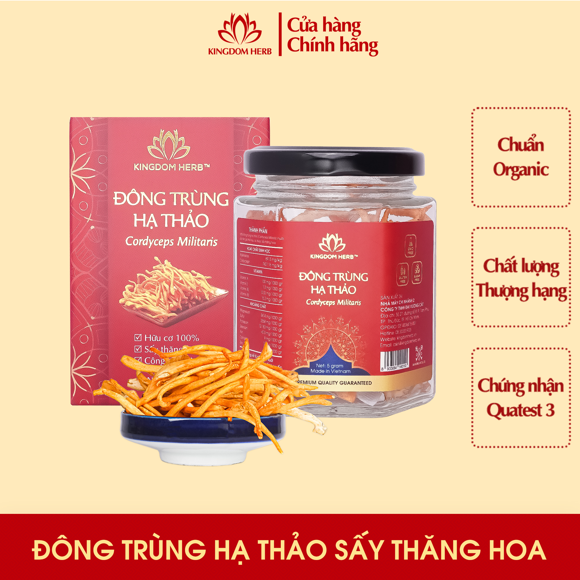 Nấm đông trùng hạ thảo Kingdom Herb chính hãng hộp 5 gram, đông trùng hạ thảo sấy thăng hoa thượng hạng