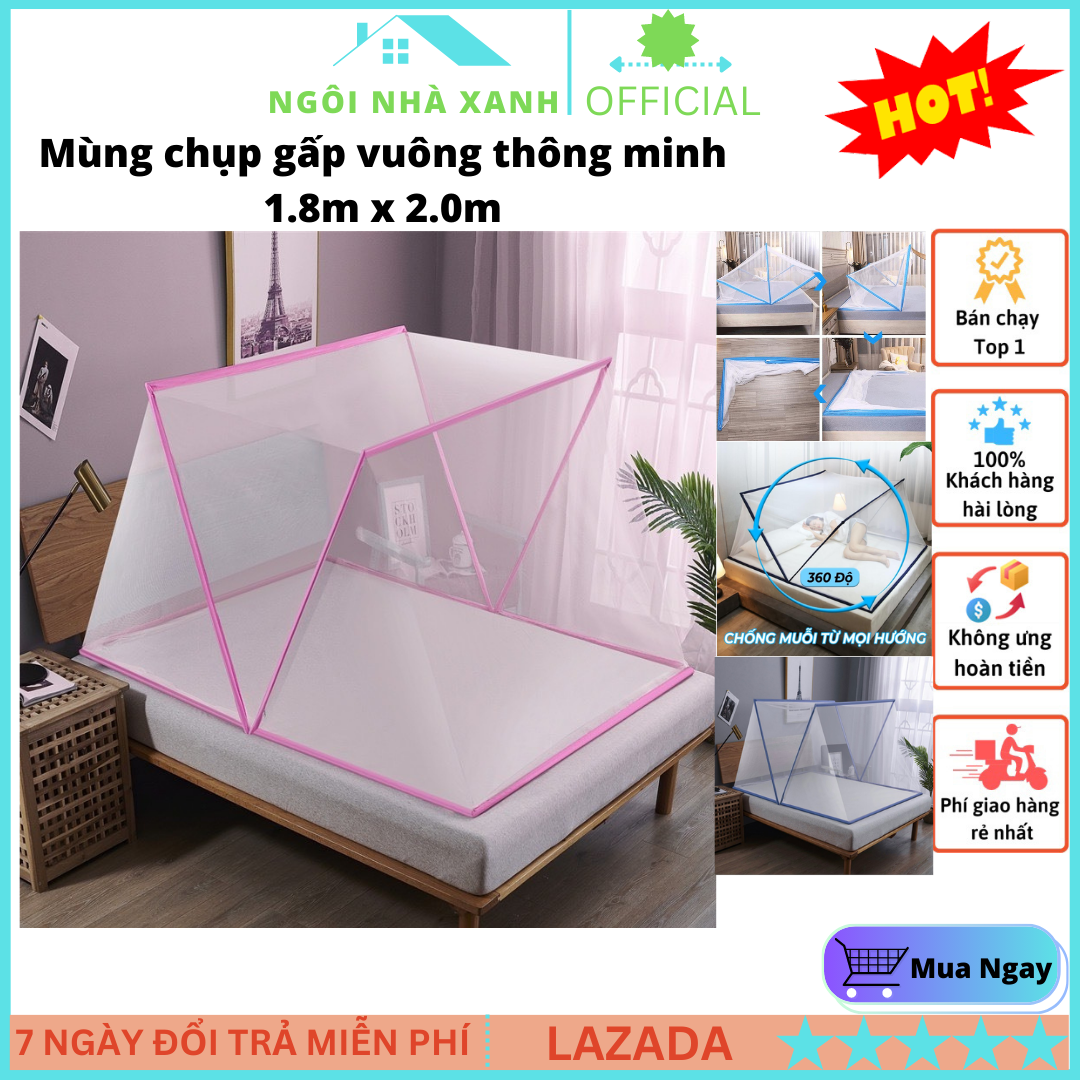 Mùng gấp gọn thông minh, Mùng chụp gấp vuông thông minh 1.8m x 2.0m - màn chụp, màn chụp gấp gọn thông minh, mùng chụp vuông, màn xếp thông minh gấp gọn chống muỗi an toàn cho bé