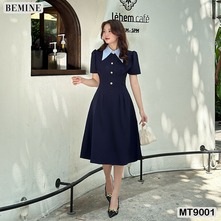 Đầm thiết kế phối cổ sơ mi đính nút tay phồng bemine mt9001