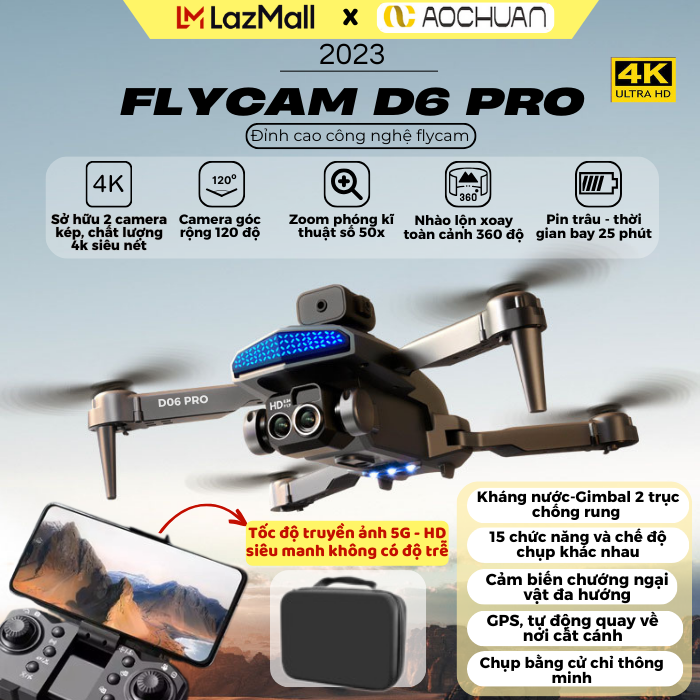 Máy Bay Flycam Mini Camera D6 PROMáy Bay Điều Khiển Từ Xa 4 Cánh Tích Hợp Cảm Biến Chống Va ChạmDrone Camera 4K Kiêm Gimbal Chống Rung 2 Camera Kép Siêu Nét Pin Siêu Trâu Điều Khiển Cử Chỉ Tay Quay Góc Rộng AOCHUAN