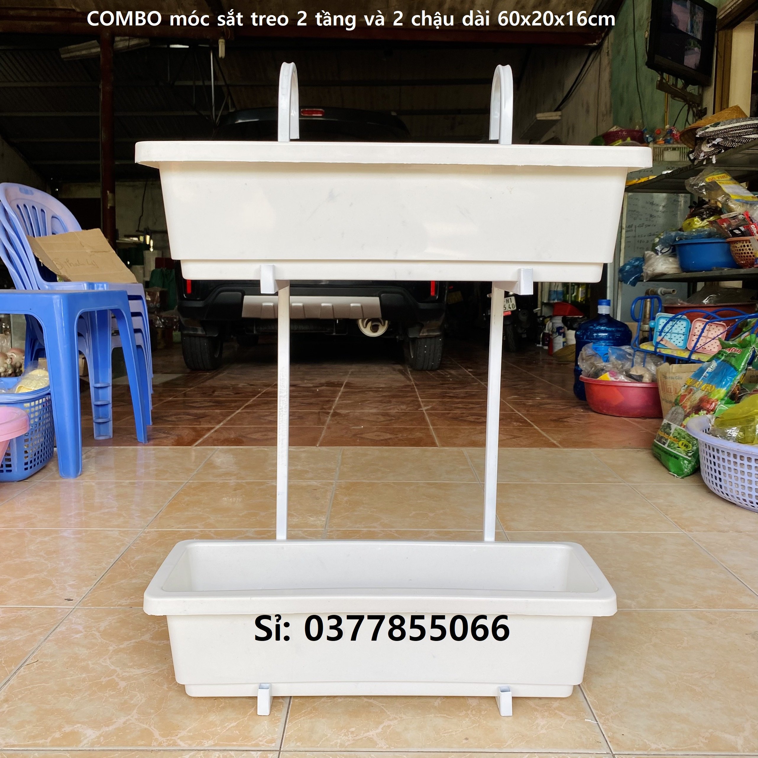 COMBO Khung sắt treo 3 tầng+ Chậu nhựa trồng rau, hoa cây cảnh ban công, máng trồng rau nhựa dài chữ nhật dài