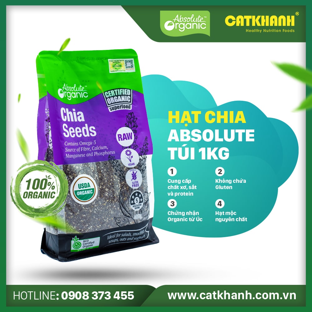Hạt chia Úc Absolute Organic Chia Seeds gói 1KG. Cung cấp chất xơ hỗ trợ tiêu hóa, lượng Omega-3 cao hỗ trợ thần kinh và phát triển trí não, tốt cho phụ nữa mang thai.