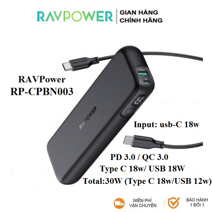Pin sạc dự phòng RAVPower RP-CPBN003 15000mAh 30w (PD3.0 18w - USB 12w)
