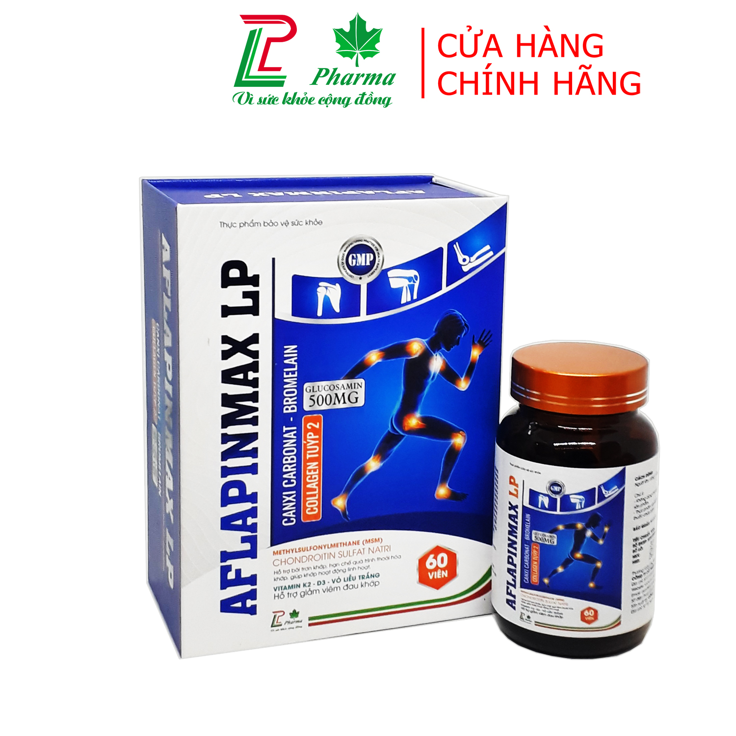 Viên giảm đau nhức xương Khớp AFLAPINMAX LP Pharma - Hộp 60 viên - giảm đau khớp, thoái hóa khớp, viêm khớp, giúp khớp vận động dễ dàng - thành phần Glucosamin kết hợp thảo dược tác dụng lâu dài an toàn khi sử dụng
