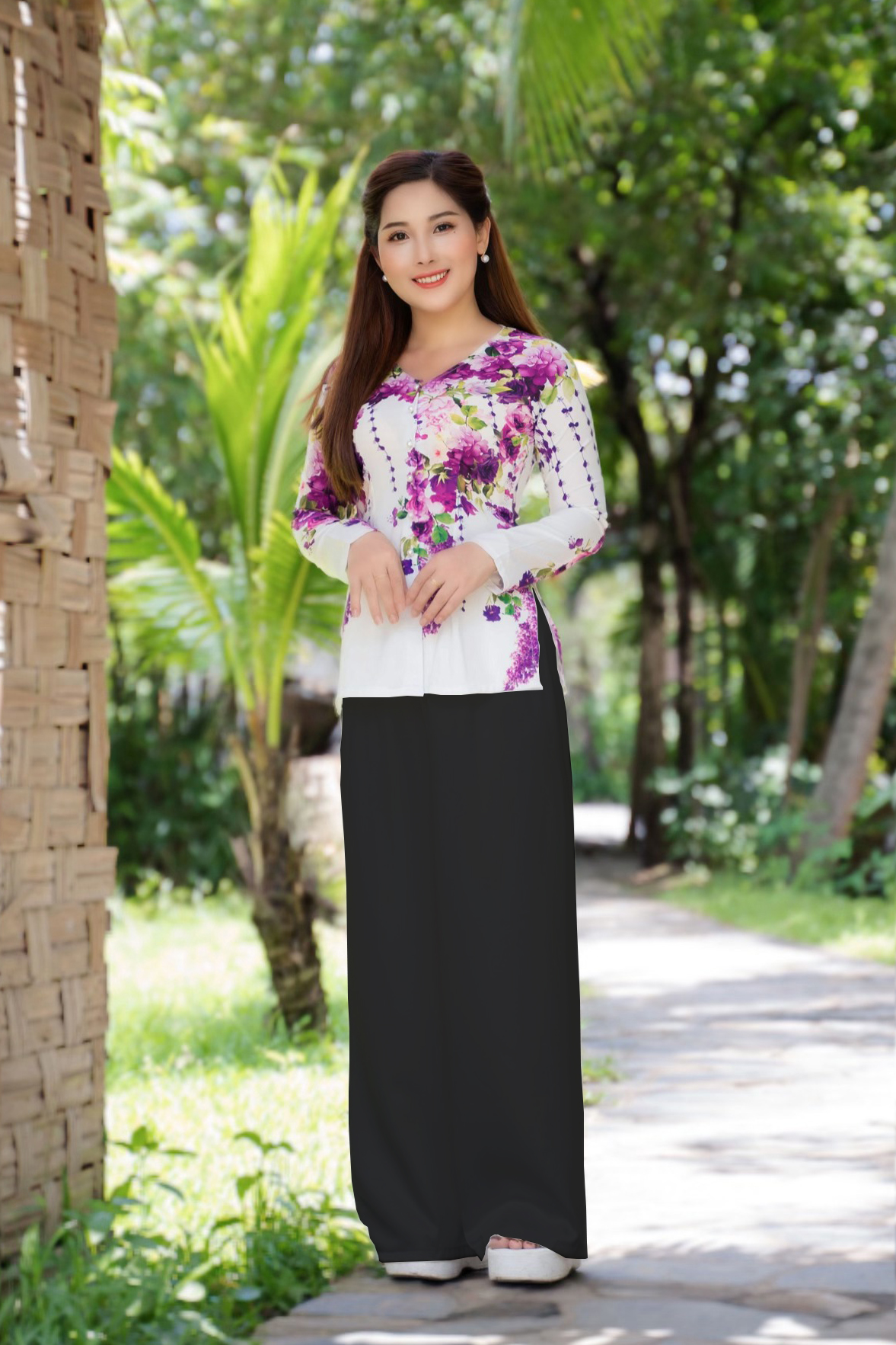 B.A48 - Áo Bà Ba Lụa In Bông Tím (áo lẻ)