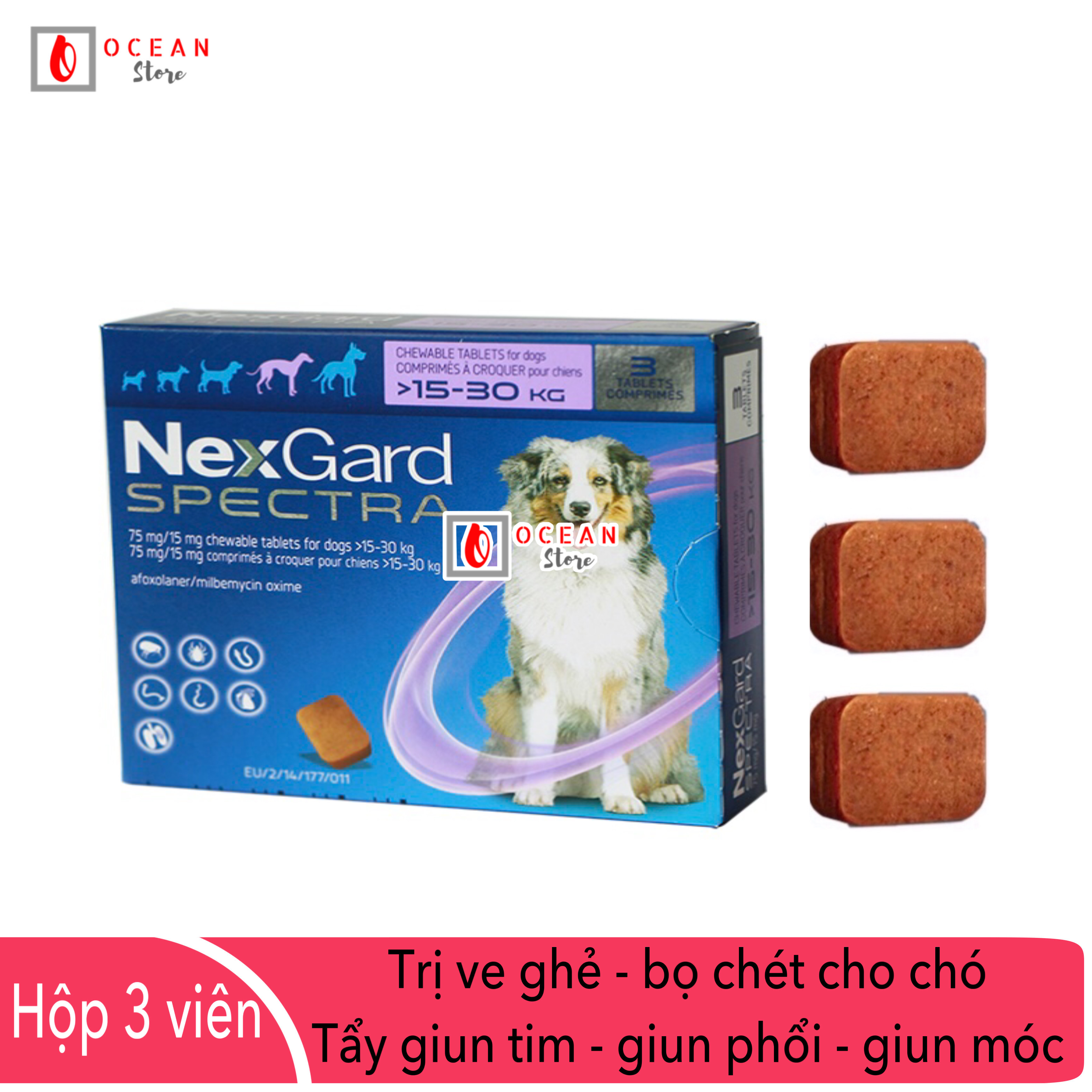 Thuốc trị ve ghẻ, bọ chét, demodex, tẩy giun cho chó - Hộp 3 viên Nexgard Spectra cho chó 15-30kg (boxes 3 tablets 15-30kg)