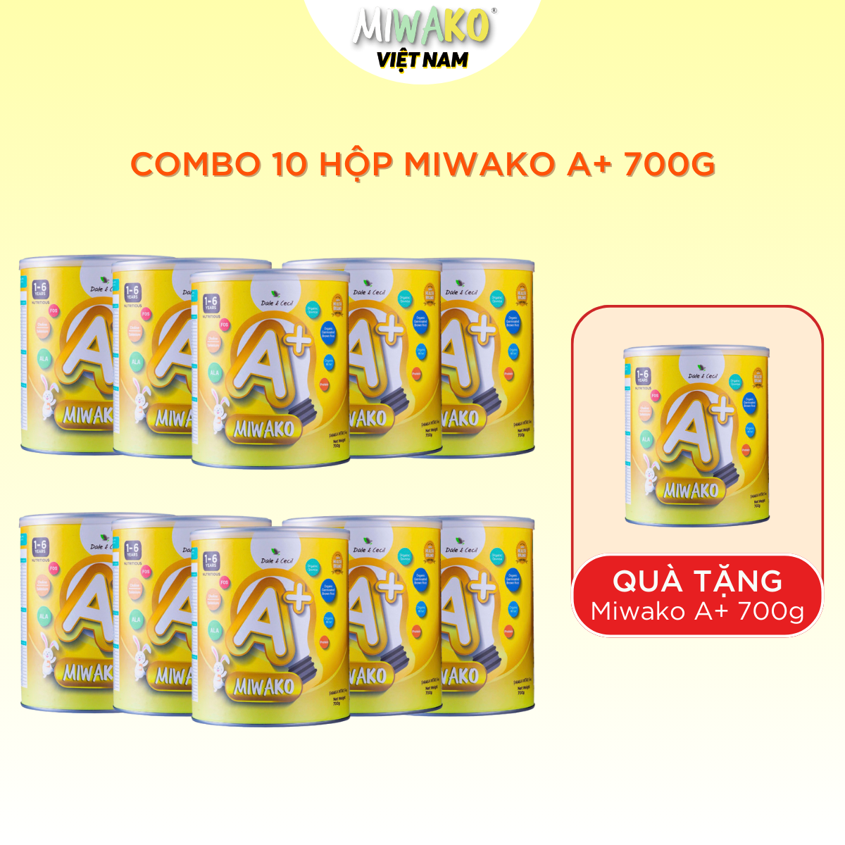 Combo 10 lon sữa thực vật hữu cơ miwako a+ 700g giúp bé tập trung phát triển trí não