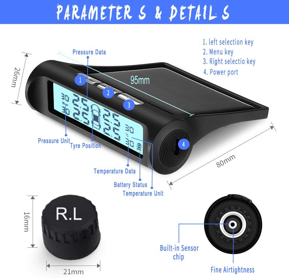 Cảm Biến Áp Suất Lốp TPMS Ô Tô Pin Năng Lượng Mặt Trời Màn Hình Đen Trắng