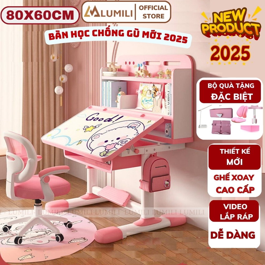 bàn ghế học sinh Lumili E10 có giá sách, bộ bàn học chống gù thông minh kèm kệ sách cho trẻ em điều chỉnh nâng hạ độ cao