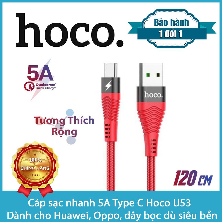 Cáp sạc nhanh và truyền dữ liệu Type C Hoco U53 dài 1.2M hỗ trợ sạc nhanh 5A dành cho Huawei Oppo Vỏ hợp kim nhôm + dây bện nylon hình đuôi dài.