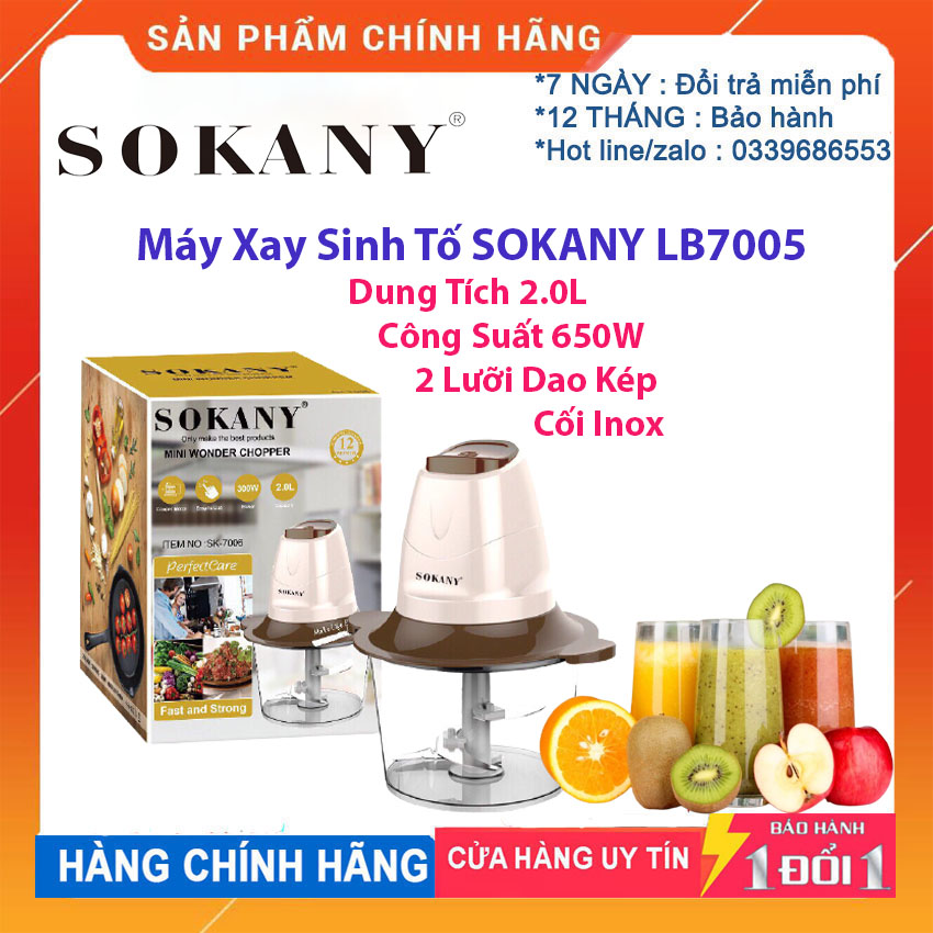 Máy Xay Sinh Tố SOKANY LB7005 Dung Tích 2.0L Công Suất 650W  2 Lưỡi Dao Kép , Cối Inox Cao Cấp Chống Rơi Vỡ Không Han Gỉ Có Thể Xay Nhuyễn Thịt Cá Xay Đá