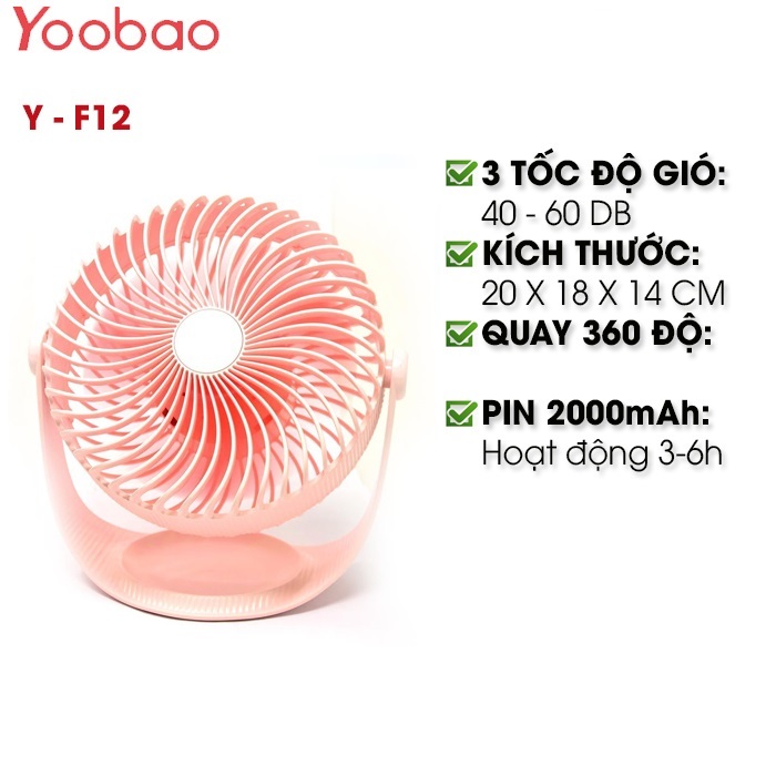 Quạt mini để bàn hoặc cầm tay Yoobao Y-F12 pin 2000mAh sạc tích điện siêu bền 3 cấp độ gió.