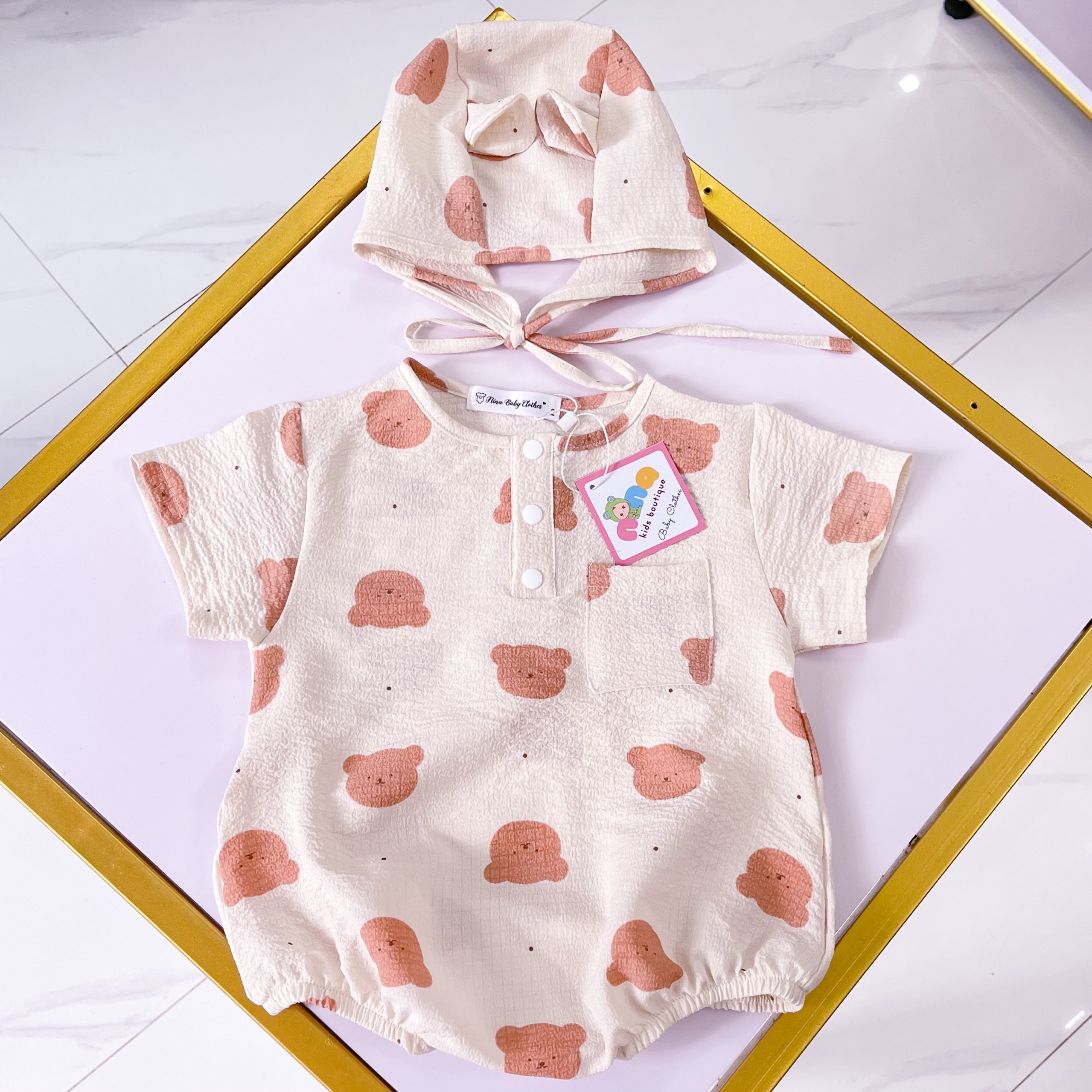 Set body sinh đôi cho bé trai bé gái Body cộc tay hình gấu Size 0m 24m Tặng kèm mũ