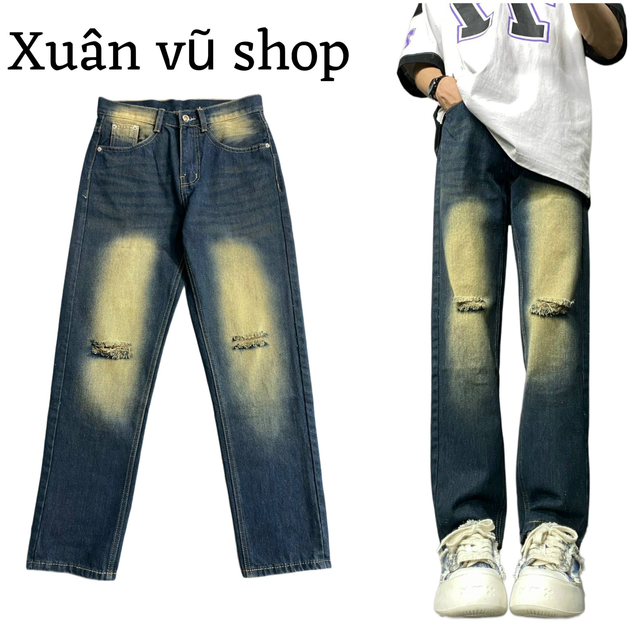 Quần suông ống rộng jean màu rêu