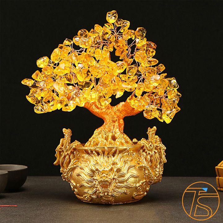 Cây tài lộc đá thạch anh chậu rồng cao 22 cm trang trí ngày tết - Cây kim tiền phát tài phát lộc bằng đá - Chậu cây phong thủy mang may mắn tài lộc