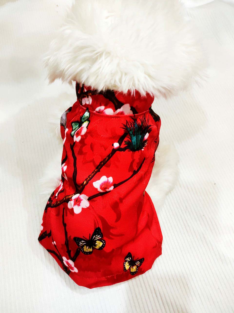 Áo GẤM ĐỎ hoạ tiết Hoa Đào mặc tết dành cho thú cưng, Đồ mặc tết dành cho chó mèo LaLi Petfashion
