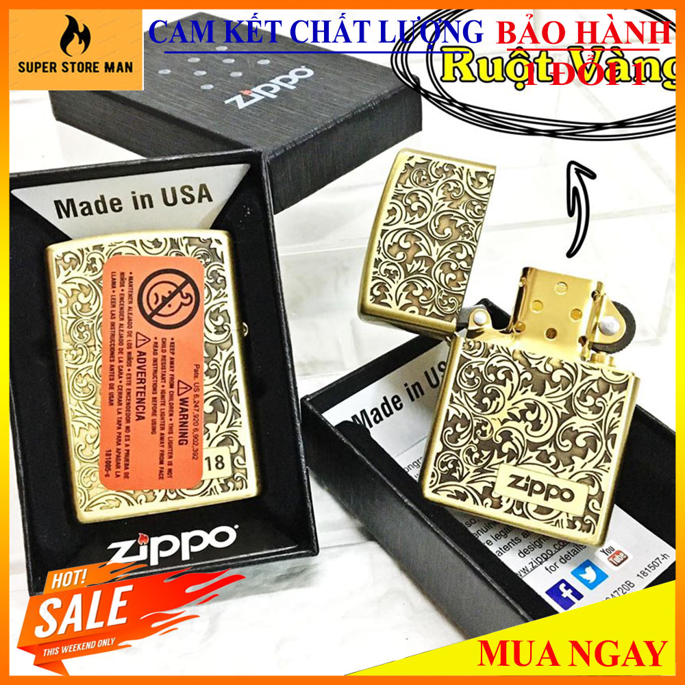 [HÀNG HIẾM] Bật Lửa, Hộp Quẹt Zippo Mỹ - Vỏ Đồng – Ruột Vàng Cao Cấp – Khắc Hoa Văn ZIPPO - Made In Usa Có Tem Đỏ – Vỏ Khắc Mộc Đáy – Vỏ Ruột Trùng Khớp