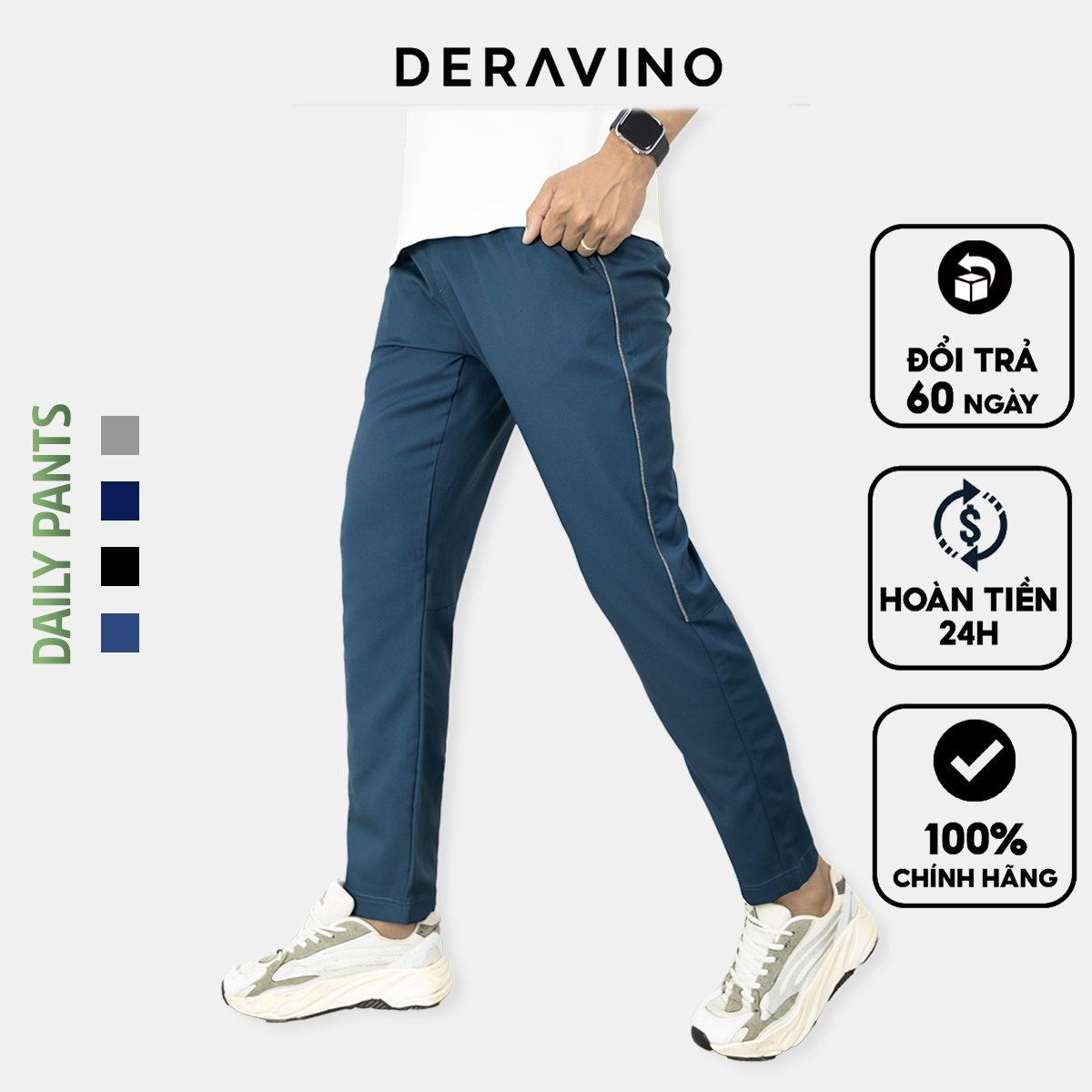 Quần dài nam thể thao ống suông, quần gió nam cao cấp deravino dc03, phong cách thể thao khỏe khoắn, mềm nhẹ, cạp chun thoải mái vận động, co giãn thoải mái