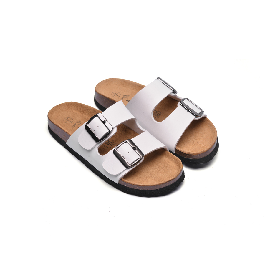 Dép đế trấu nữ 2 khóa da pu trắng