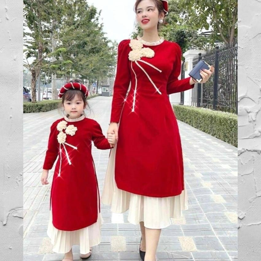 [HCM]Áo dài cách tân ❤Set áo dài mẹ và bé vui xuân đón tết kết hoa xinh xắn chất liệu umi cao cấp thời trang Girly store