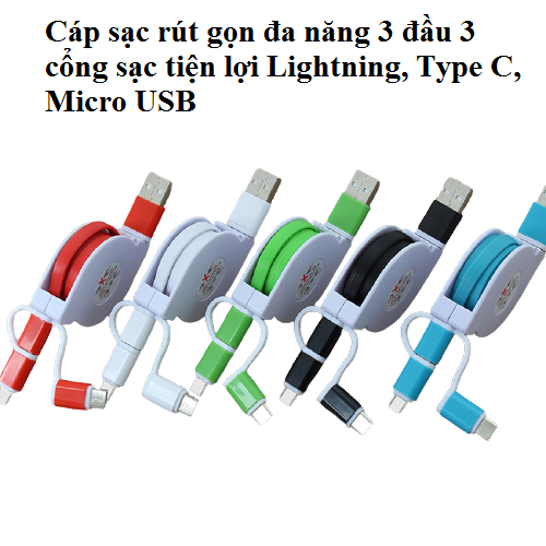 Cáp sạc đa năng 3 đầu rút gọn với 3 cổng sạc tiện lợi Lightning, Type C, Micro USB