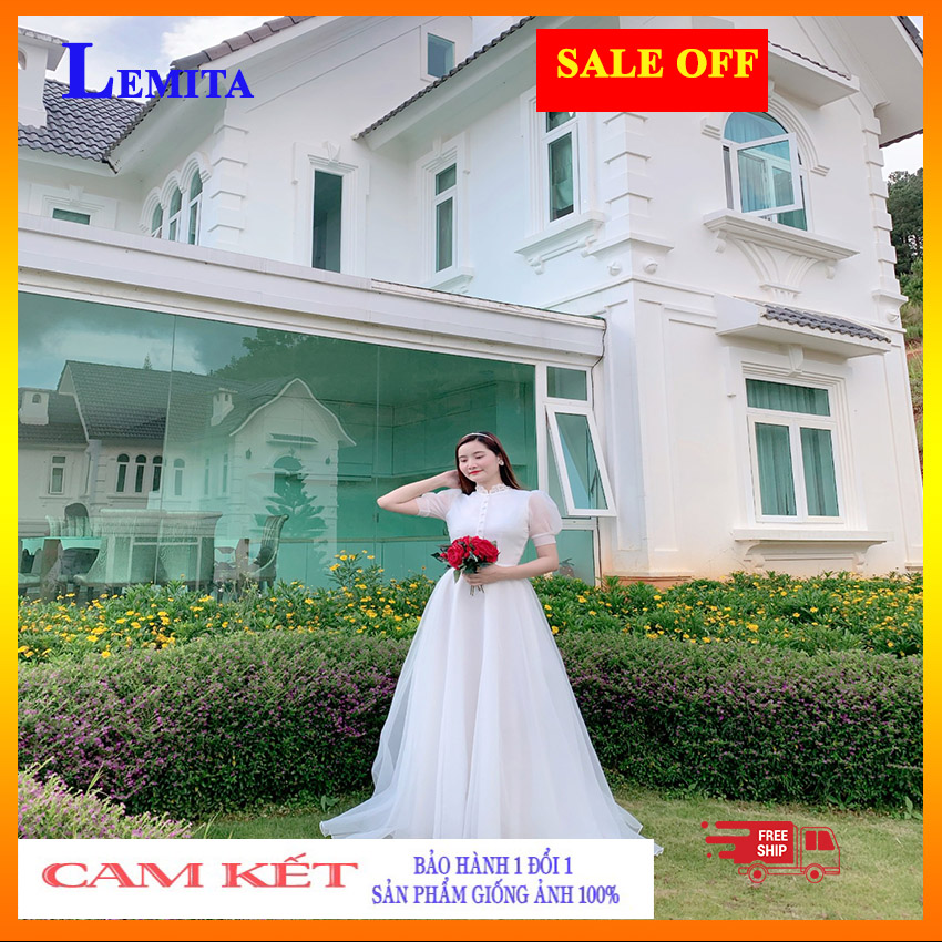 Đầm maxi trắng cổ trụ tay con, dạ hội trắng dự tiệc sang chảnh, đầm maxi chụp hình cưới sang trọng CT01 LEMITA