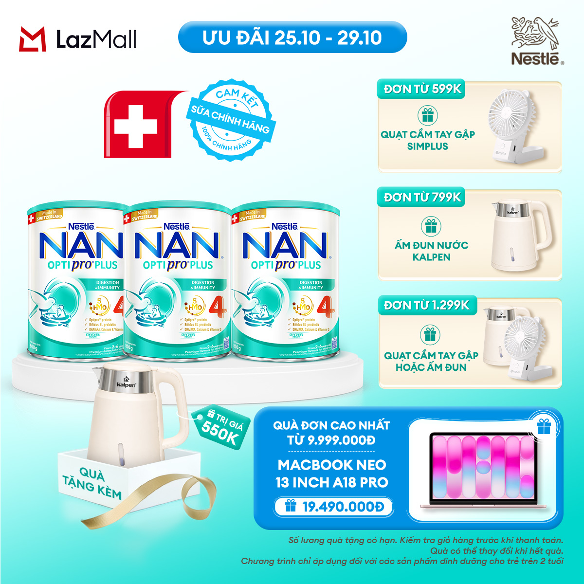 [CHỈ 25-29.10 QT ĐƠN 599K/799K/1299K] [Tặng ấm đun siêu tốc kalpen] Combo 3 lon Sữa bột Nestlé NAN OPTIPRO PLUS 4 800g/lon với 5HMO Giúp tiêu hóa tốt + Tăng cường đề kháng