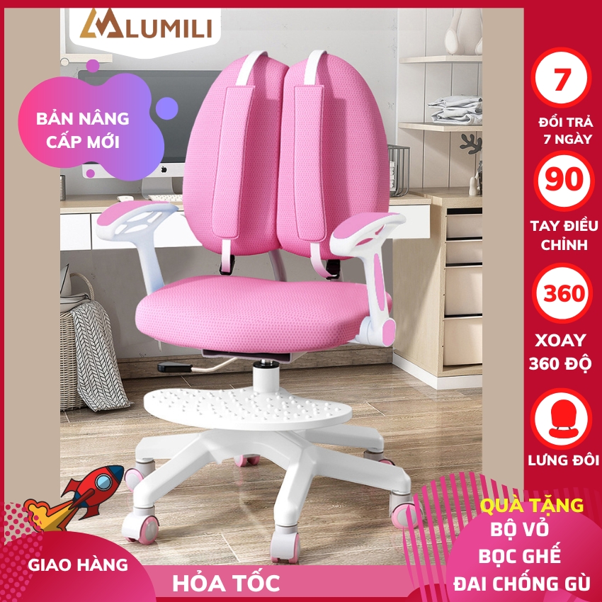 Ghế chống gù cao cấp cho bé lumili L2 ghế trẻ em nâng hạ độ cao xoay 360 độ có tay vịn tựa lưng phù hợp cho học sinh, ghế văn phòng có bánh xe, bảo vệ cột sống