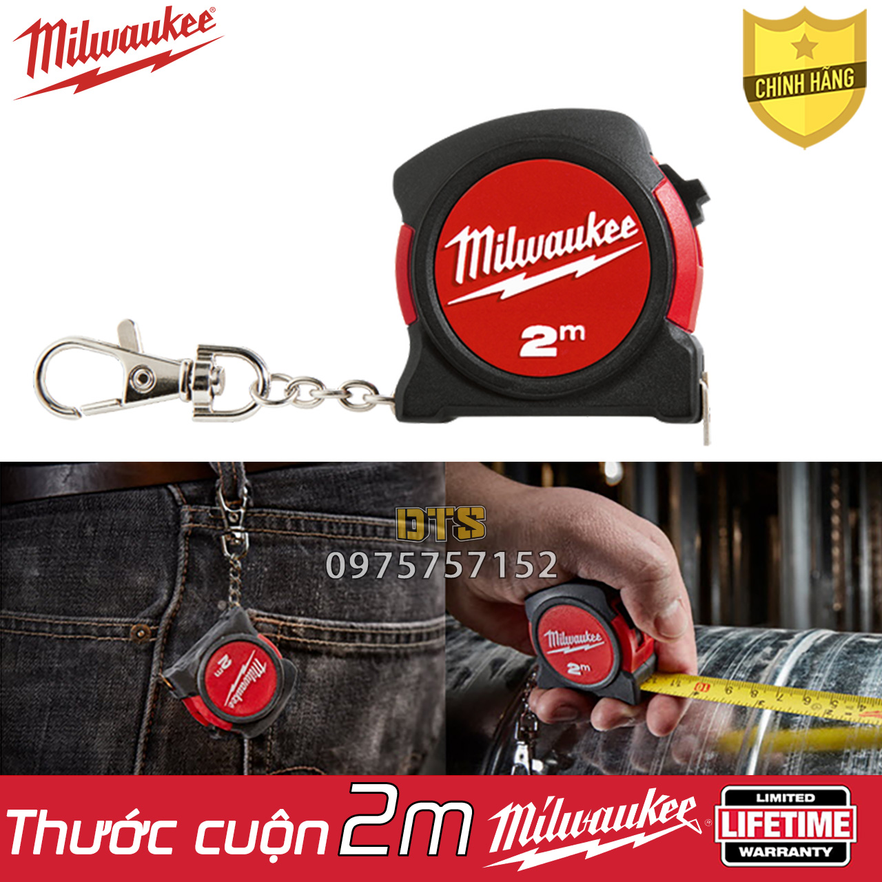 Thước kéo 2m cao cấp Milwaukee Mỹ siêu bền có móc chìa khóa, thước cuộn thép nền vàng công nghiệp độ chính xác tuyệt đối, chữ số vạch chia khắc laser phủ lớp nylon siêu bền, vỏ bọc cao su chống va đập, thước rút, thước dây