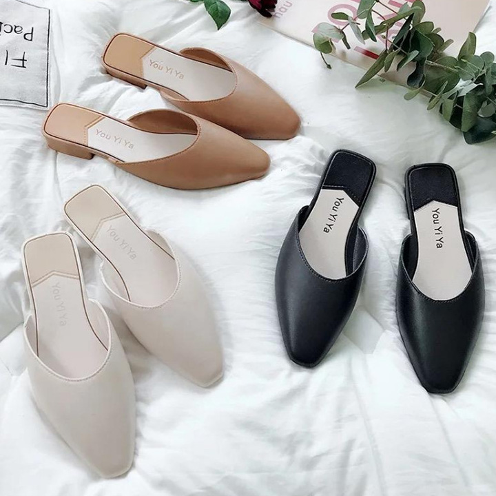 Dép mules nữ dép lê không quai đế cao su cute đi học mũi nhọn đế bằng thời trang - gcg27 VHN2116
