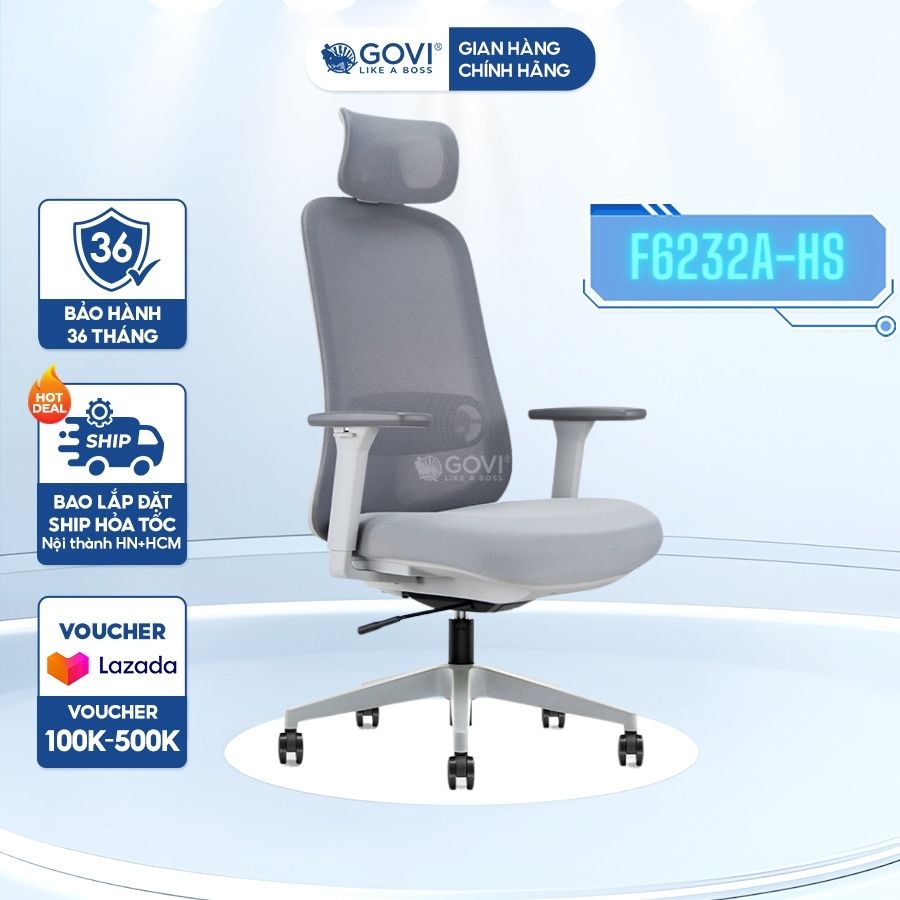 Ghế công thái học Ergonomic GOVI Felix F6232A-HS - Thiết kế tựa đầu điều chỉnh độ cao, tựa tay 3D nâng hạ, mâm ghế ngả 135 độ, khóa cố định 2 vị trí