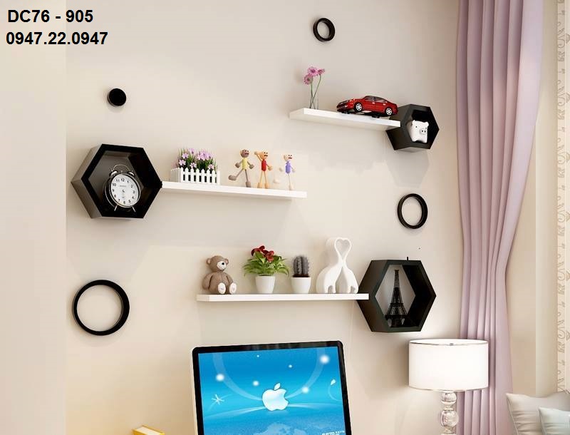 [HCM]Combo Kệ treo tường 3 hình lục giác tổ ong + 3 thanh ngang (chọn màu) + TẶNG 1 bộ trang trí gỗ