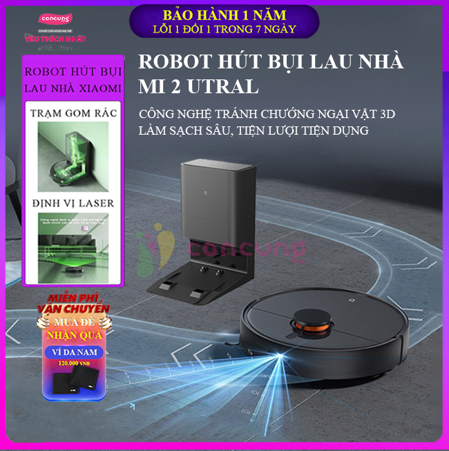 Robot hút bụi lau nhà Mi 2 Ultra làm sạch sâu hơn, công nghệ tránh chướng ngại vật 3D, dẫn hướng laser LDS hoàn toàn mới