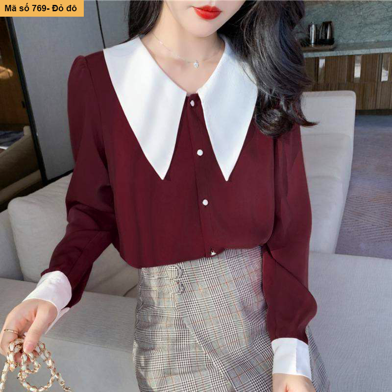 B769- áo sơ mi nút ngọc phối cổ trắng