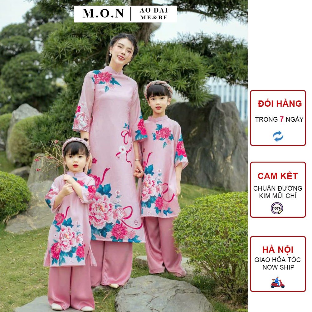 Áo dài mẹ bé dư niên tơ 4 tà cao cấp hồng