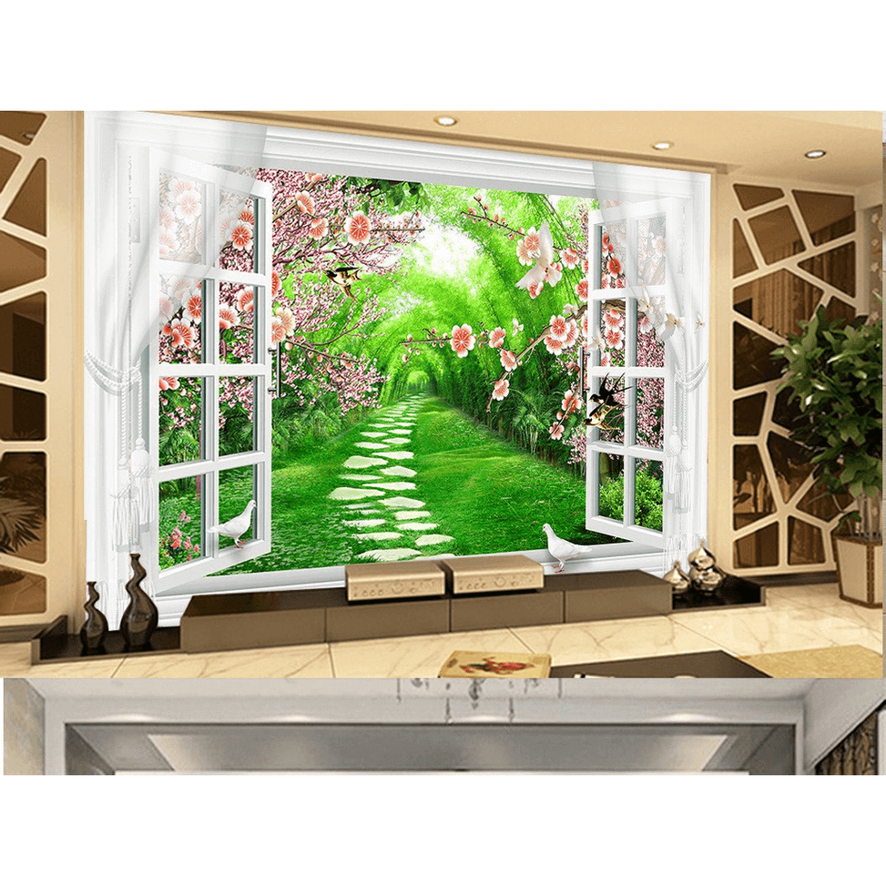 Tranh dán tường 3D cửa sổ con đường có sẵn keo dễ dán CS65