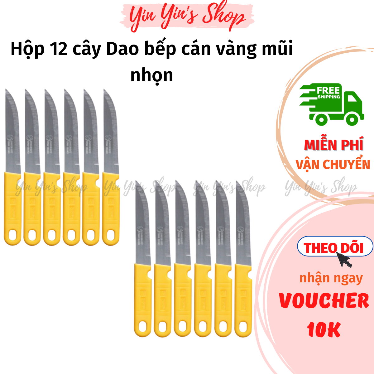 Hộp 12 Cây Dao Bếp Thái Lan Cán Vàng Mũi Nhọn 511 Chất Liệu Inox, Dao Gọt Trái Cây Rau Quả Siêu Bén Thailand