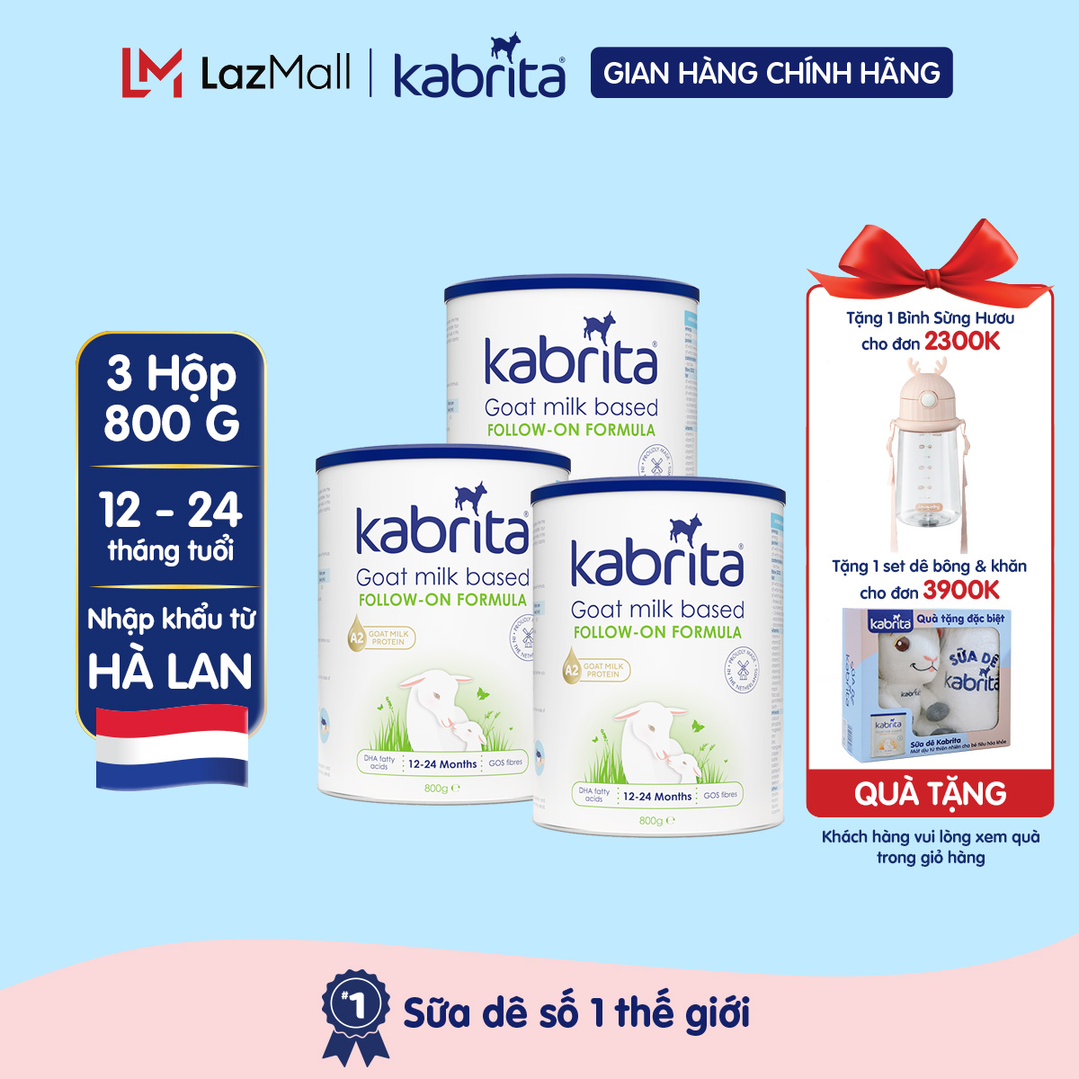 Combo 3 lon sữa dê kabrita số 2 cho trẻ từ 12 - 24 tháng