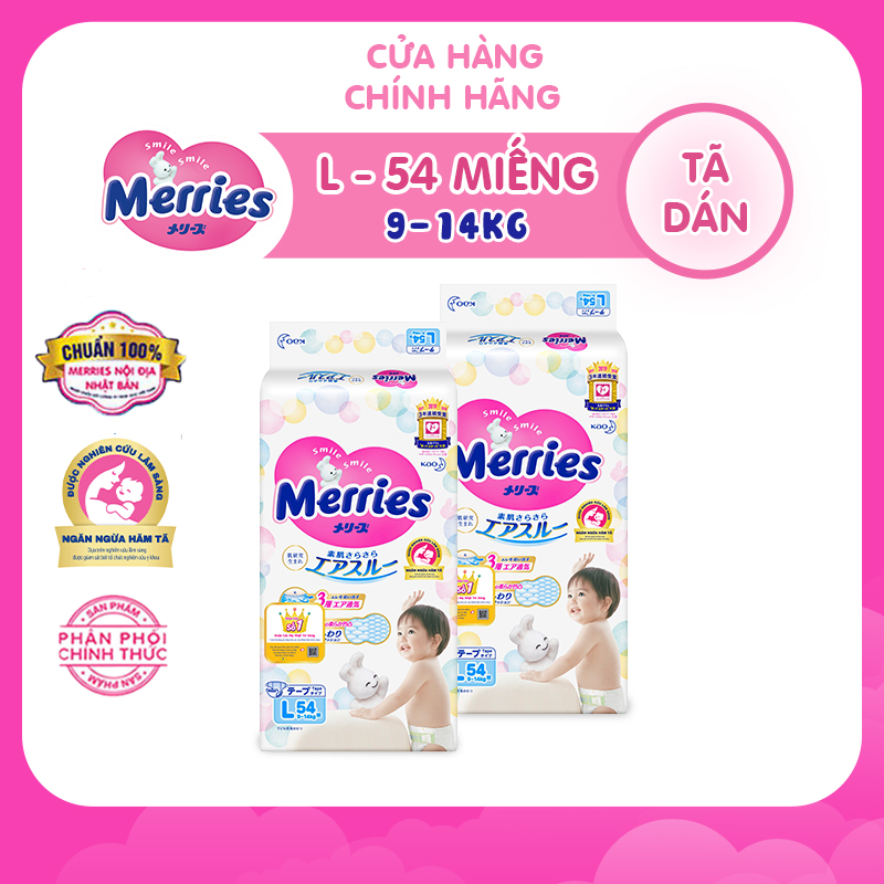 [FREESHIP 60K + GIẢM TỚI 49%] Combo 2 Tã/bỉm dán Merries size L - 54 miếng (Cho bé dưới 9-14 kg)