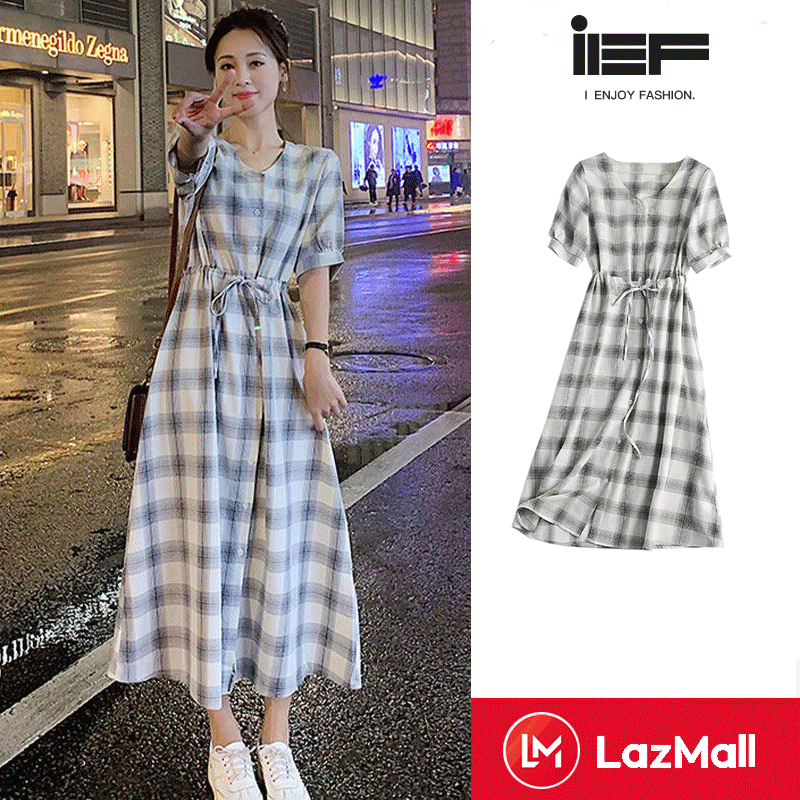 IEF Váy Sơ Mi Kẻ Ca Rô Váy Dài Nữ Cổ Tích Siêu Cổ Tích Pháp Váy Eo