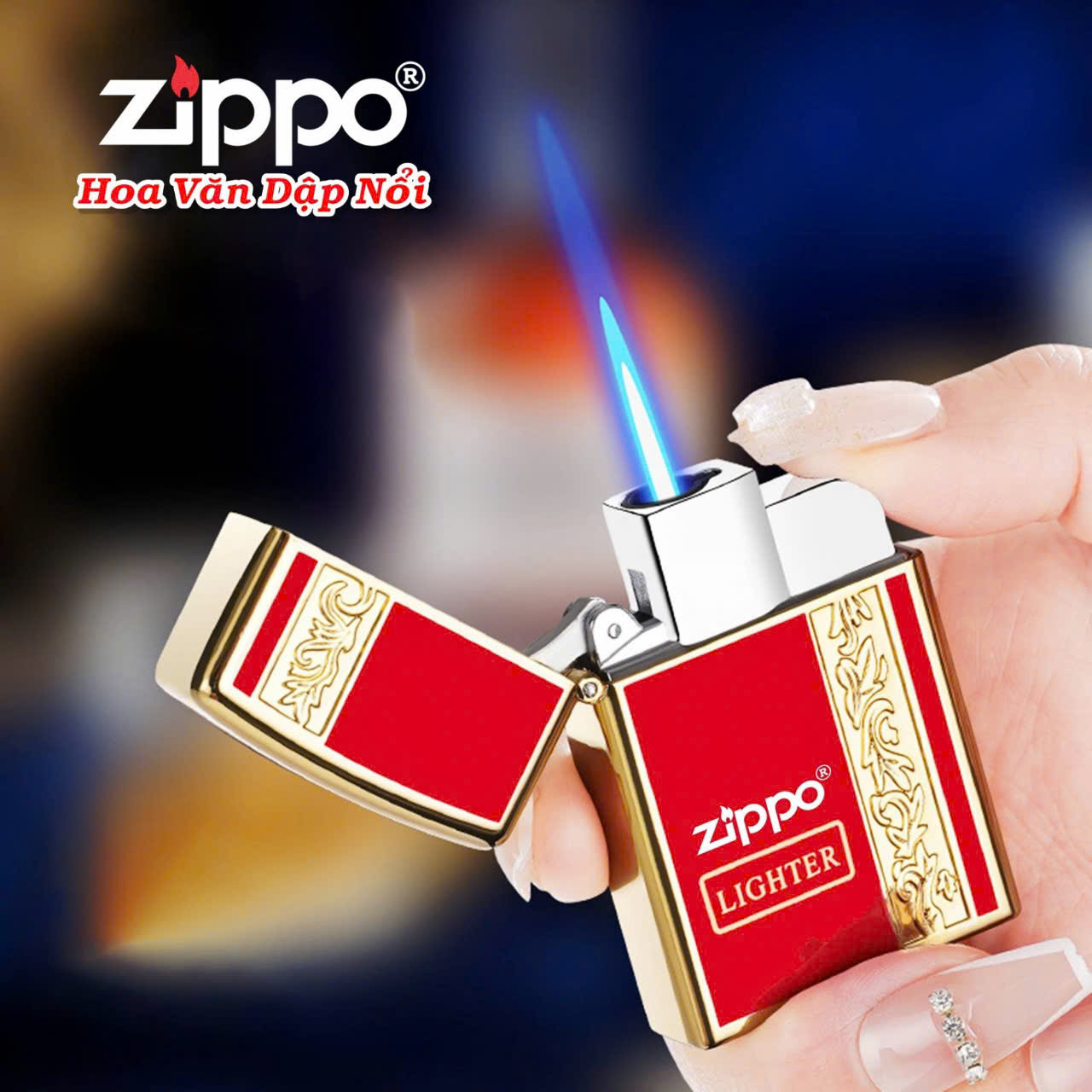 Bật Lửa Khò  Hột Quẹt Khò Tia Lửa Xanh zippo hoa văn dập nổi - Xài Gas