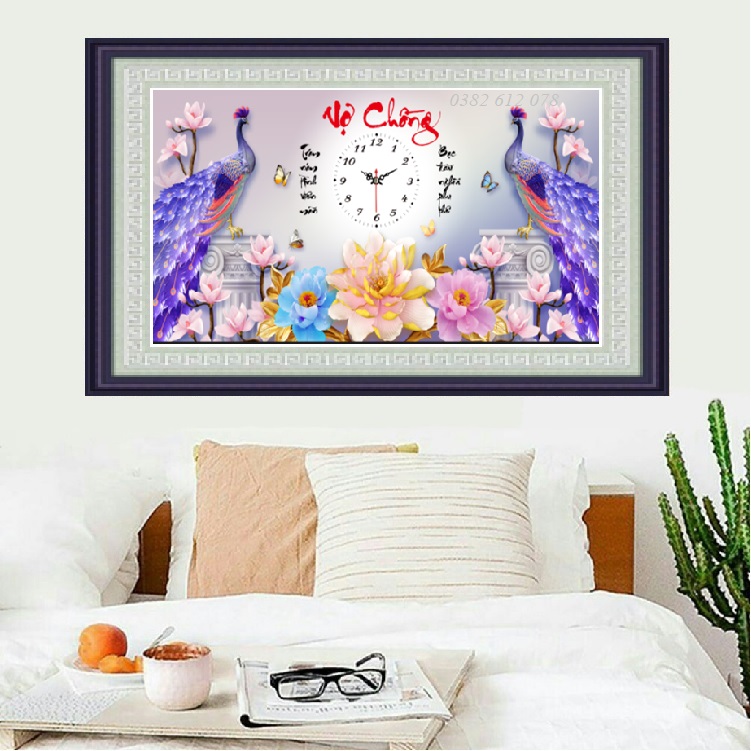 Tranh đính đá đồng hồ vợ chồng, kích thước 80x45cm