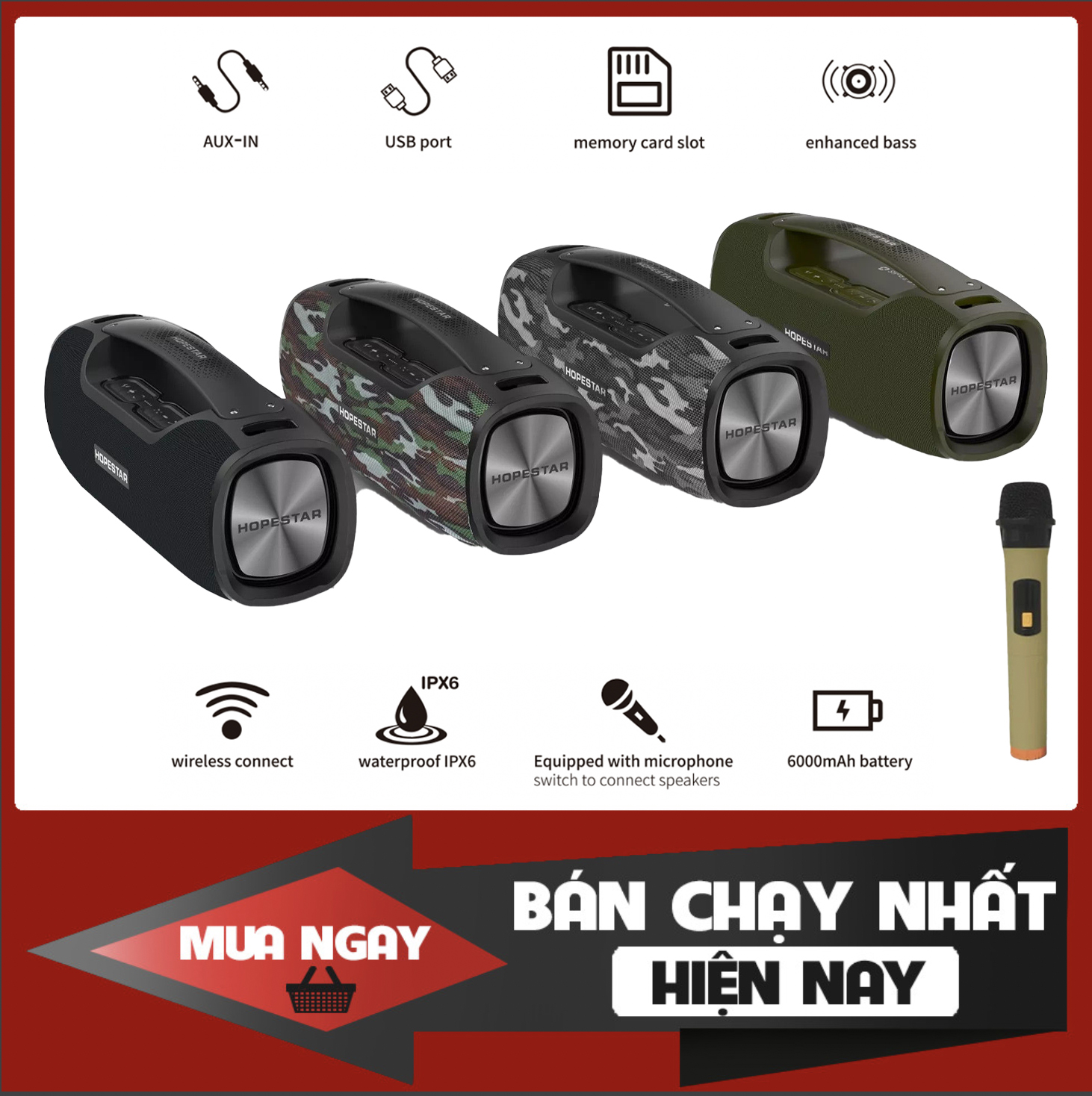 Hcm | loa bluetooth hopestar a6 pro di động công suất lớn siêu bass kèm mic karaoke, bluetooth 5.0, chống nước, âm trầm mạnh mẽ, pin lên tới 6h