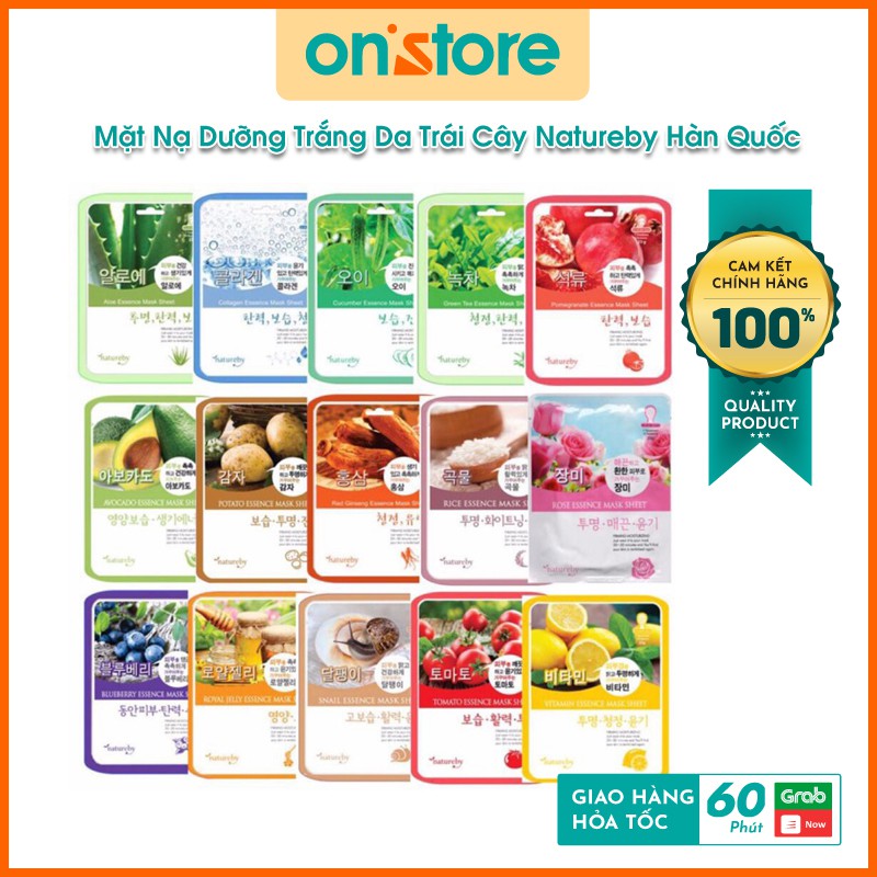 Mặt nạ dưỡng trắng da, giảm mụn, tái tạo, phục hồi da, mặt nạ trái cây natureby hàn quốc nhiều vị - 23g