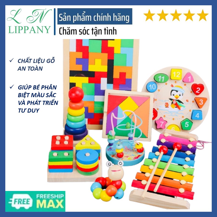 Combo 8 món đồ chơi bằng gỗ dễ thương cho bé phát triển trí tuệ,Combo sét 8 món đồ chơi - luồn hạt - con sâu gỗ - đàn gỗ 8 thanh