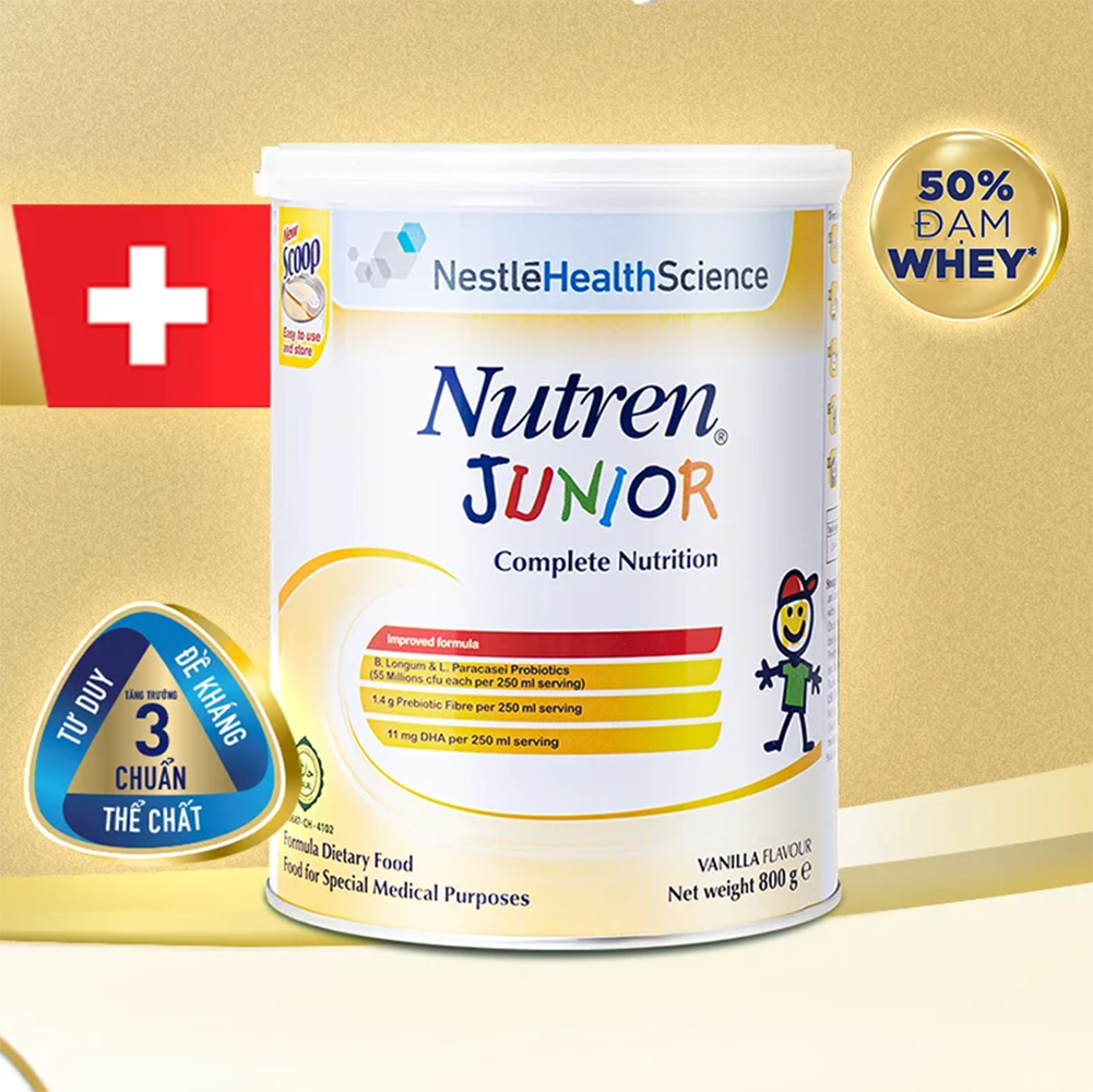 Sữa NUTREN JUNIOR nhập khẩu từ Thụy Sĩ hộp 850g dành cho trẻ thấp còi