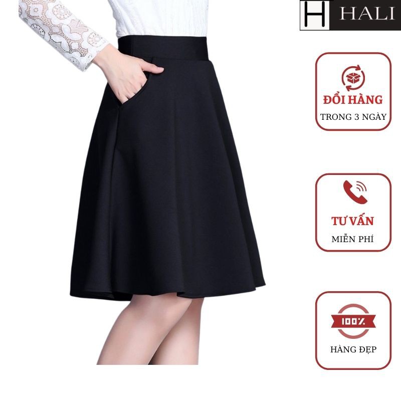 Chân váy xòe dài đến gối phối túi cho nàng công sở